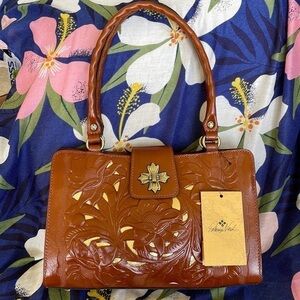 Brand New Patricia Nash Genuine Leather Cut Out Tooling Rosina Satchel Purse